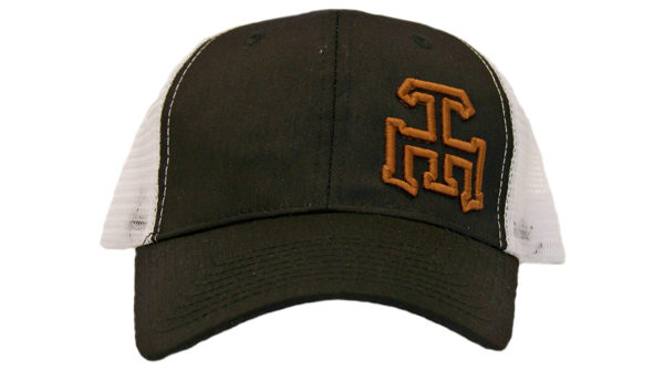 black-white hat brown logo